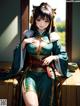 A woman in a green kimono sitting on a table.