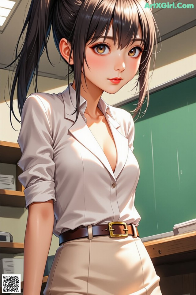 A woman standing in front of a blackboard in a classroom.